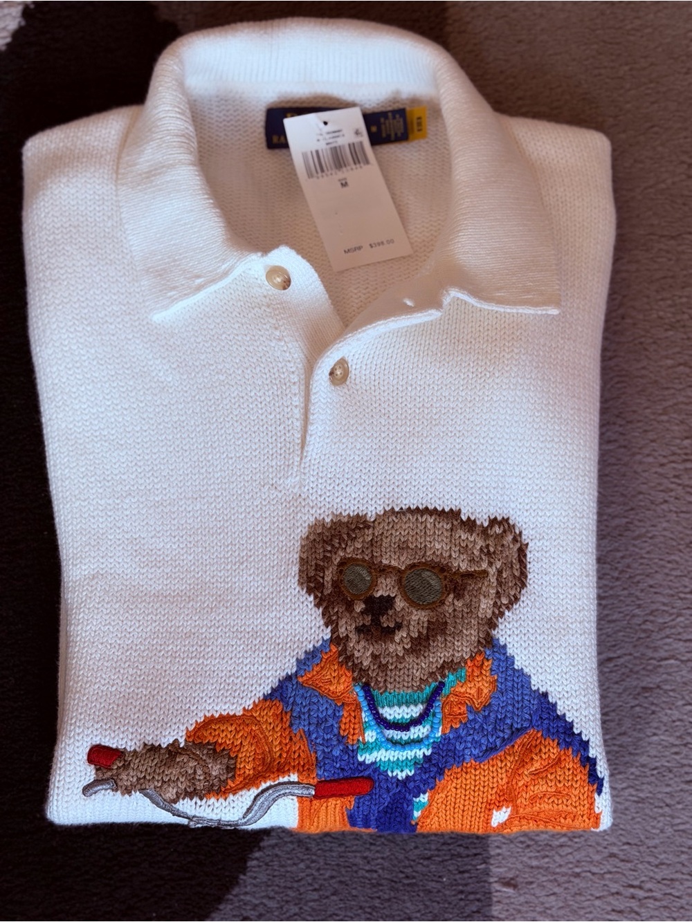 Polo by Ralph Lauren White Knit V-Neck Sweater with Embroidered Bear